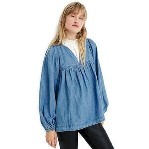 Madewell Denim Shirred Balloon Sleeve Peasant Top XS